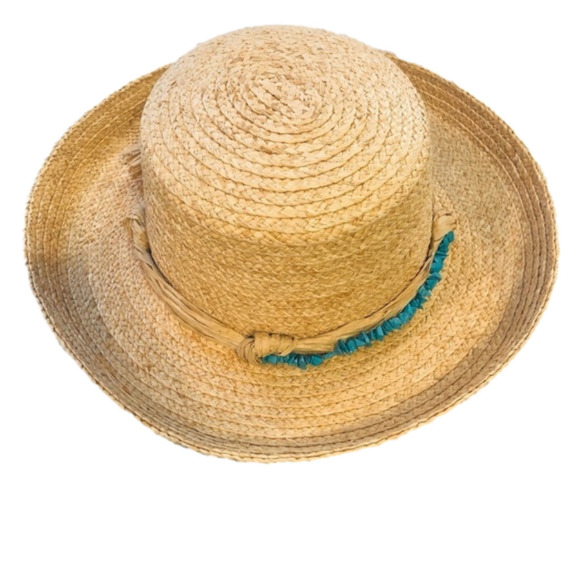 Stylish Tan Straw Hat with Turquoise Accent - Picture 1 of 5